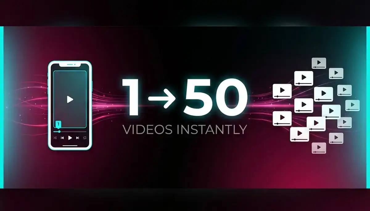 Visual representation of one long video transforming into fifty short clips with TikTok colors and flowing light trails