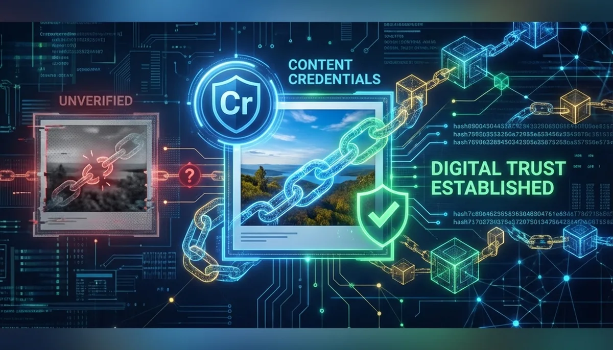 Professional visualization of C2PA content credentials with verification badge and cryptographic trust elements