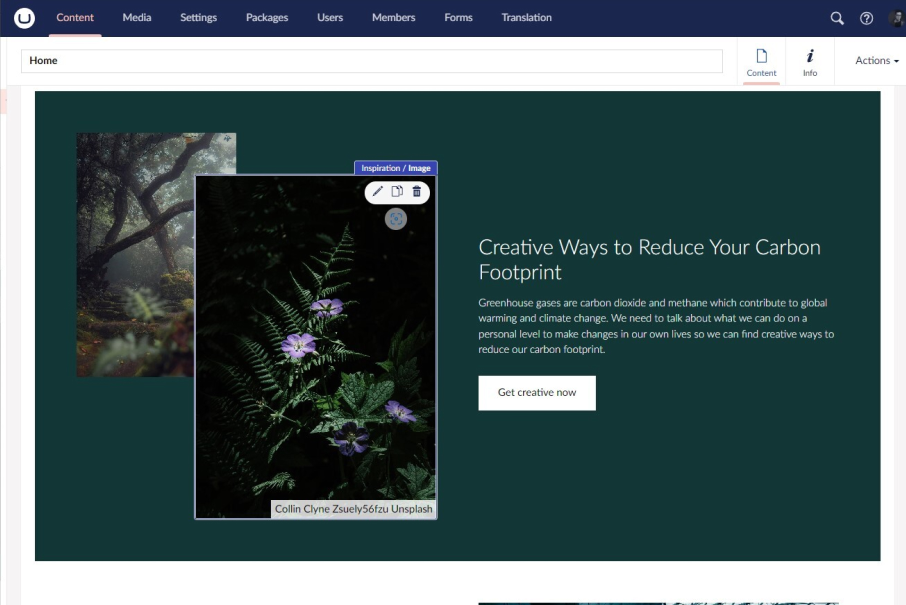 Umbraco CMS backoffice interface showing the content management dashboard