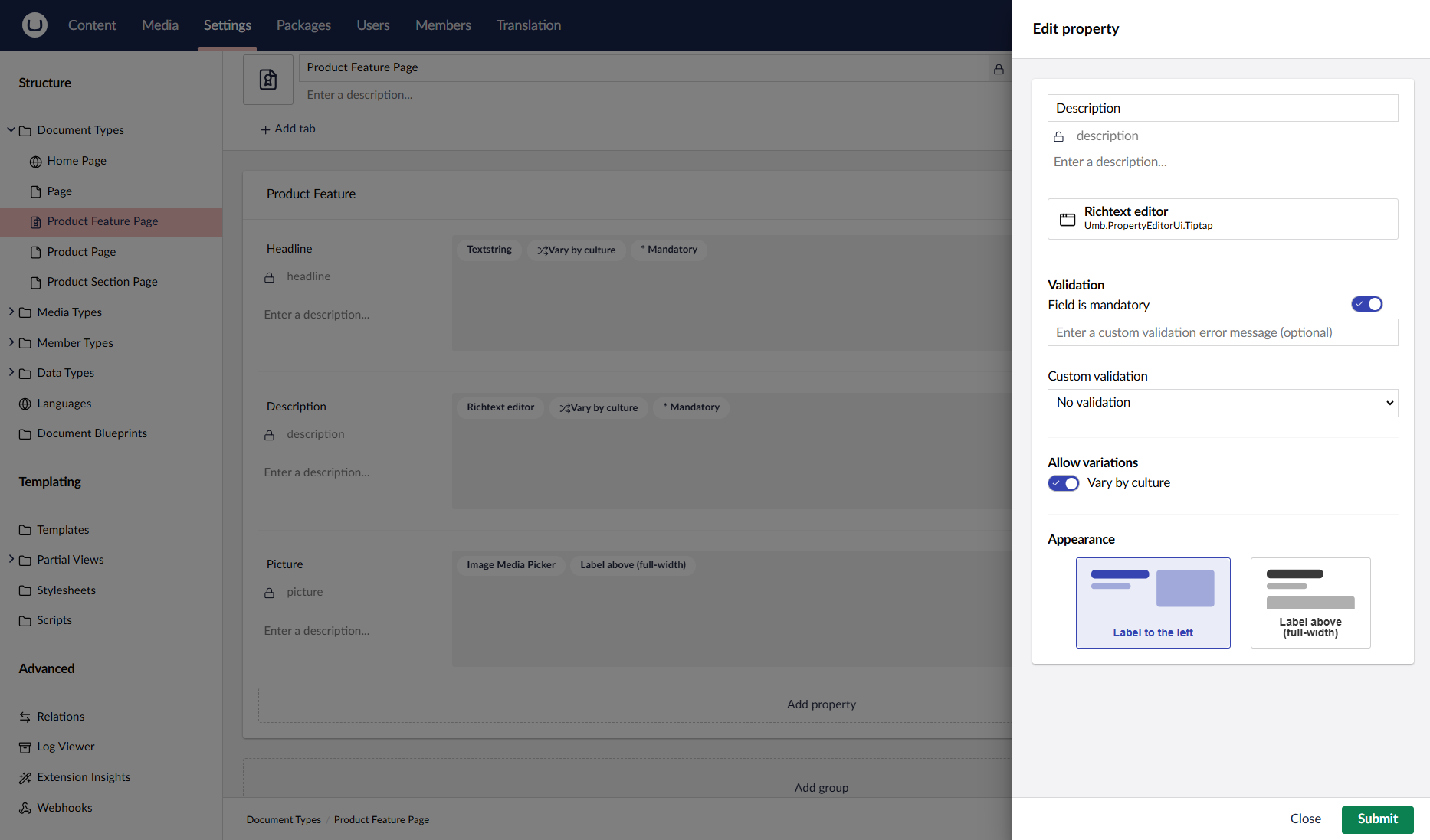 Umbraco CMS property editor configuration showing structured Document Type fields that enforce content quality