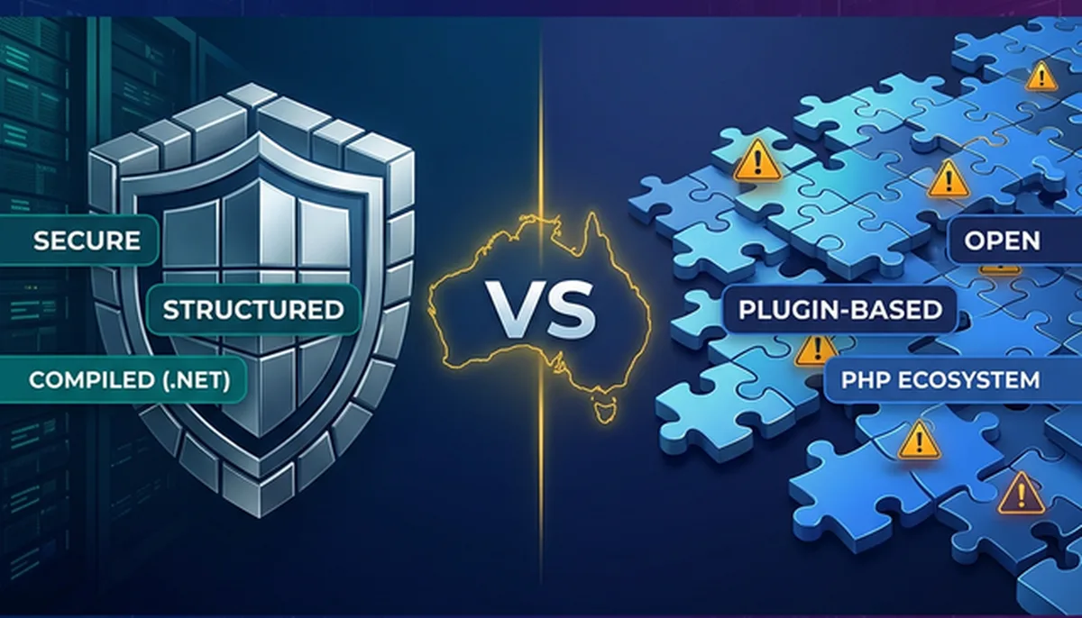 Professional illustration comparing CMS platforms for Australian government websites with security and accessibility indicators
