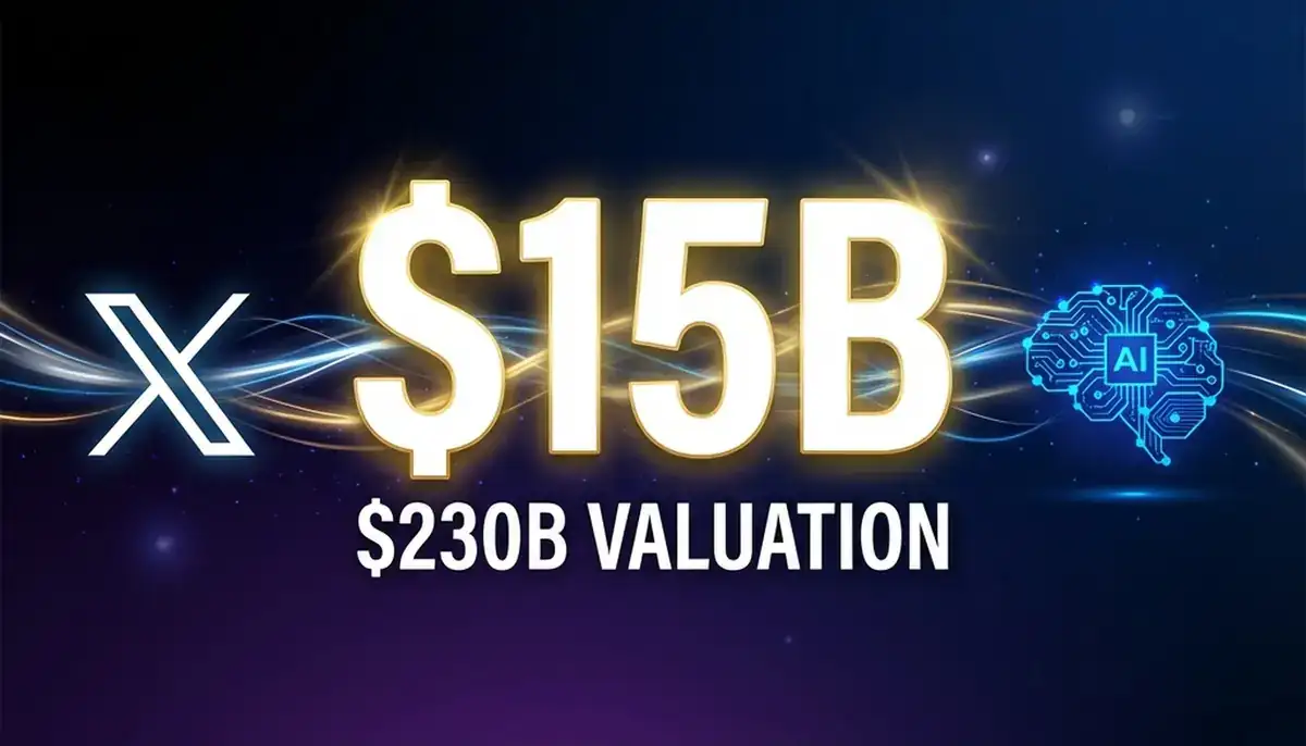 Bold $15B text with $230B valuation, X logo on left and AI neural network icon on right, dark gradient background