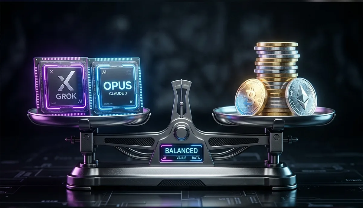 Two AI model chips on a scale, one labelled Grok and one labelled Opus, balanced against a stack of coins representing per-token pricing.