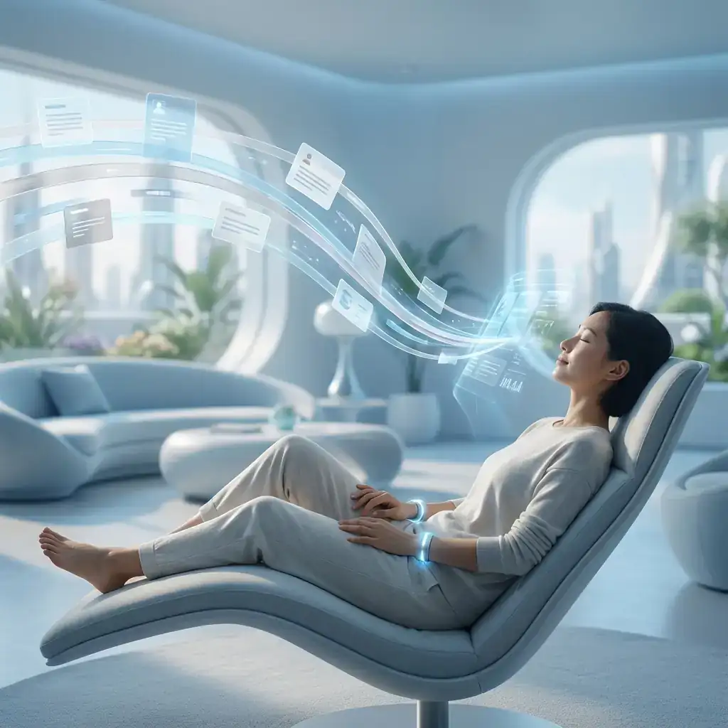 A futuristic interface showing relevant content cards floating towards a relaxed user, representing predictive information delivery.